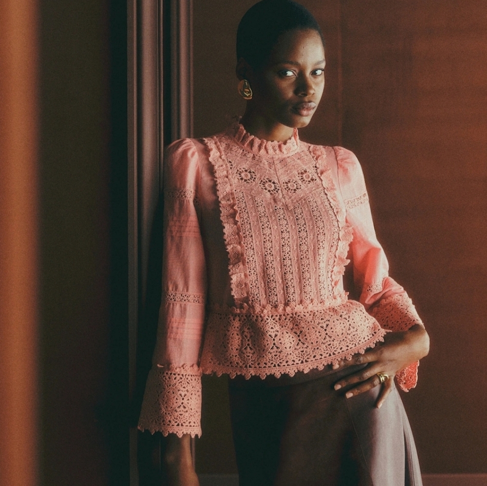 Sezane Tomoe Blouse Rosewood Lace - Size 8/40